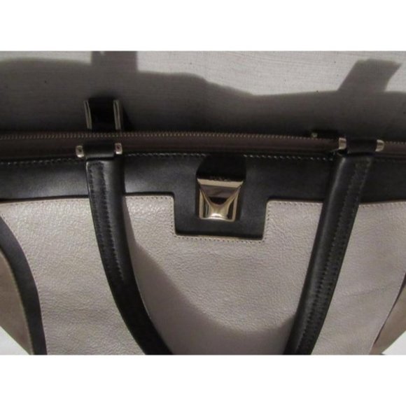 Furla New Black Ivory Satchel Tote Dark Brown And Latte Color Block Leather - Picture 1 of 5